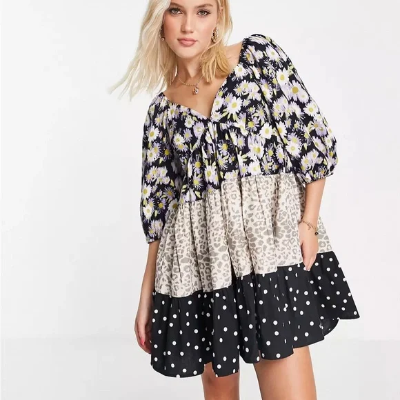 ASOS mixed print tiered babydoll mini dress - Picture 2 of 4